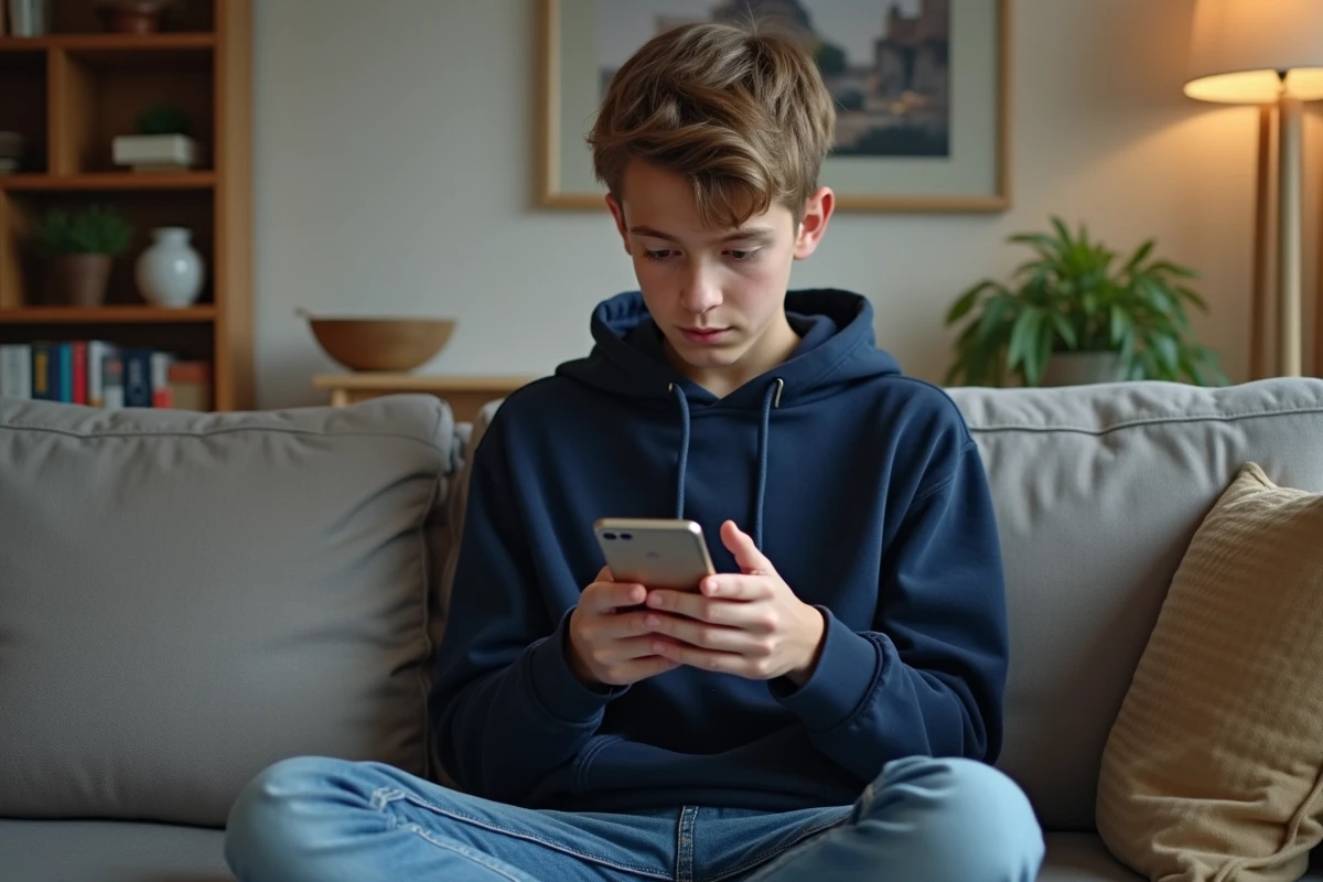 Adolescent sur le canapé en train de regarder son smartphone