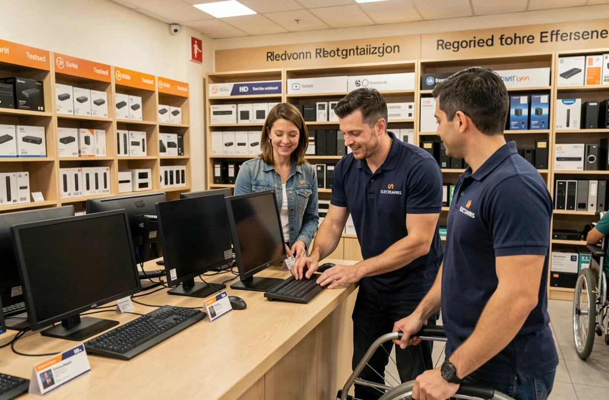 Conseillers d'AfB Shop Lyon accompagnant un client en situation de handicap face à des ordinateurs reconditionnés