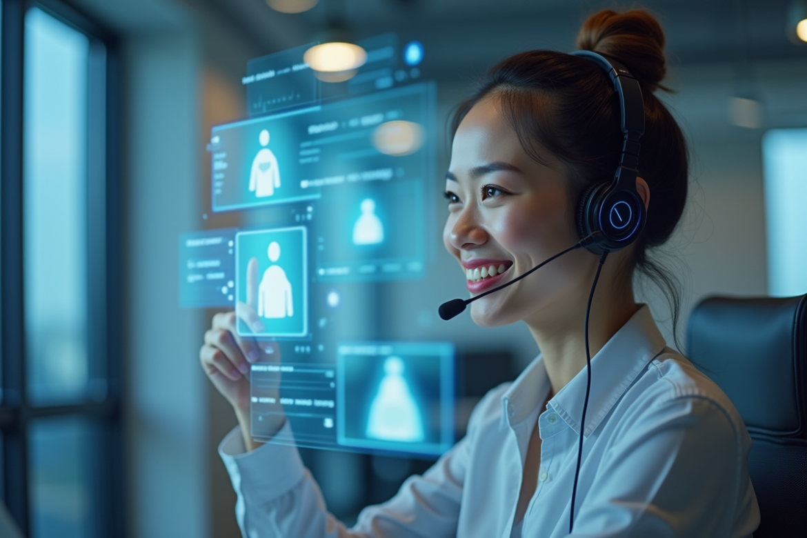 Agent de service souriant avec casque dans un bureau moderne