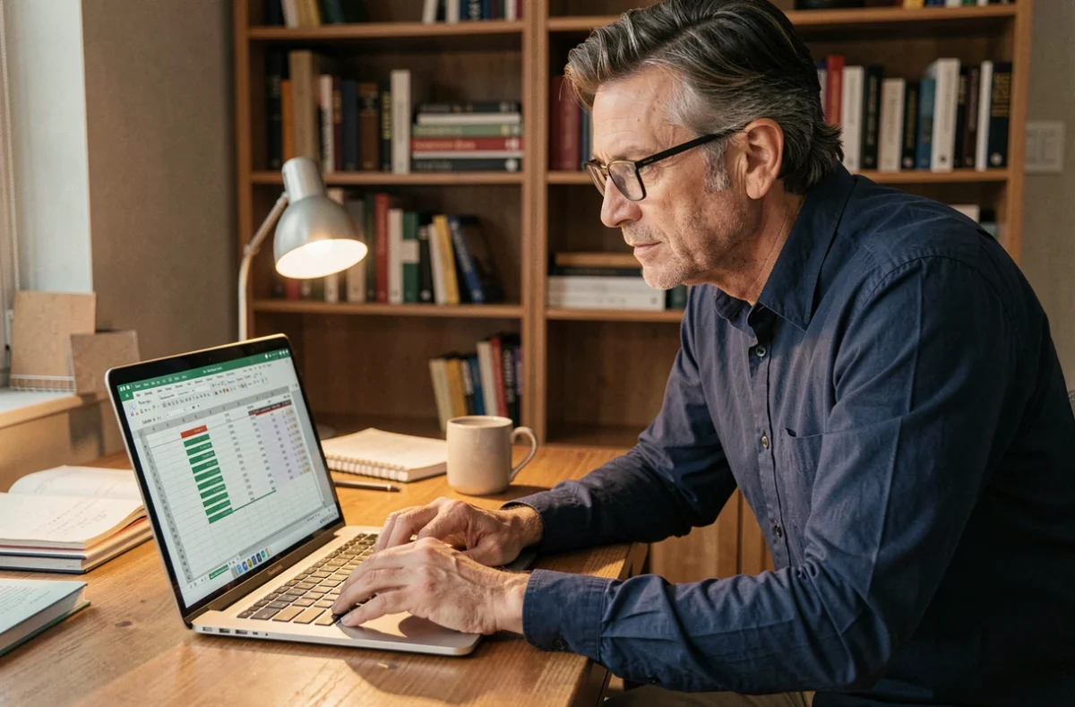 Homme en télétravail analysant un tableau Excel inversé sur un ordinateur portable dans un bureau à domicile