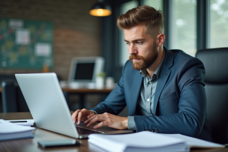 Homme analysant des graphiques SEO sur son ordinateur au bureau