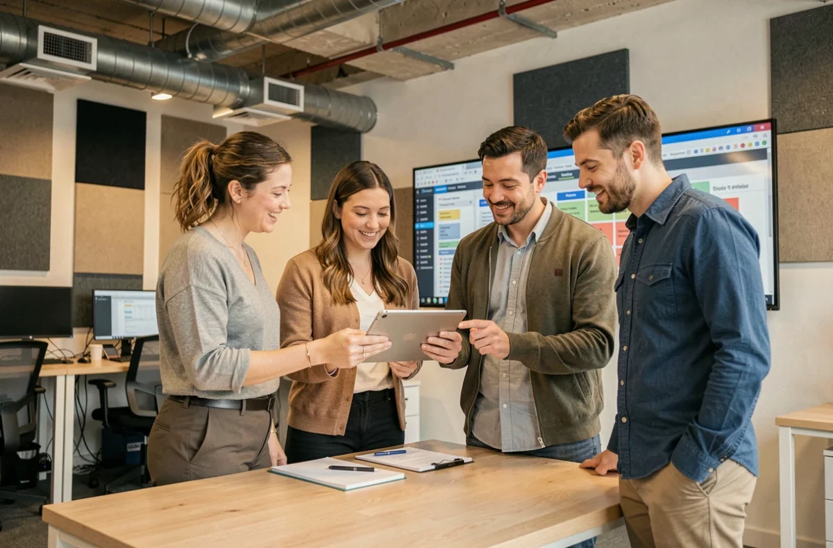 Consultants IT d'Apside en réunion debout autour d'une tablette dans un espace de coworking moderne