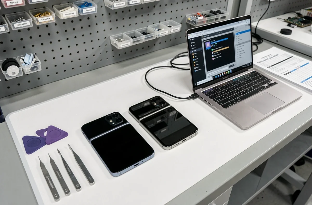 Atelier de réparation professionnel avec deux Samsung Galaxy Z Flip 4 dont un à écran noir connecté à un logiciel de récupération de données