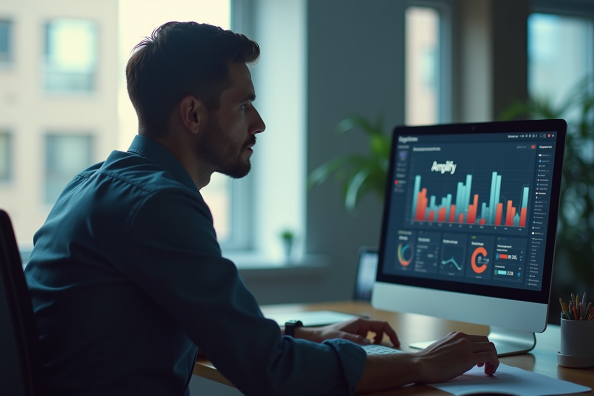 Employe frustré devant un tableau de bord confus avec le mot Amplify