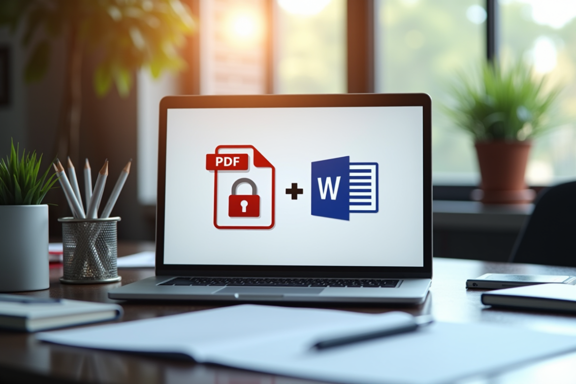 Bureau professionnel avec ordinateur affichant conversion PDF en Word