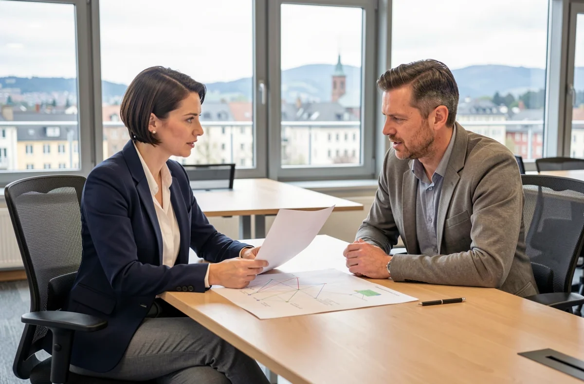 Chef de projet IT de Caps Entreprise analysant des schémas réseau avec un collègue dans un bureau à Grenoble