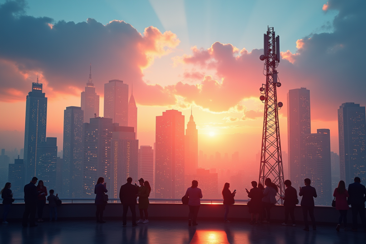 Silhouette de la ville au coucher du soleil avec antennes 5G