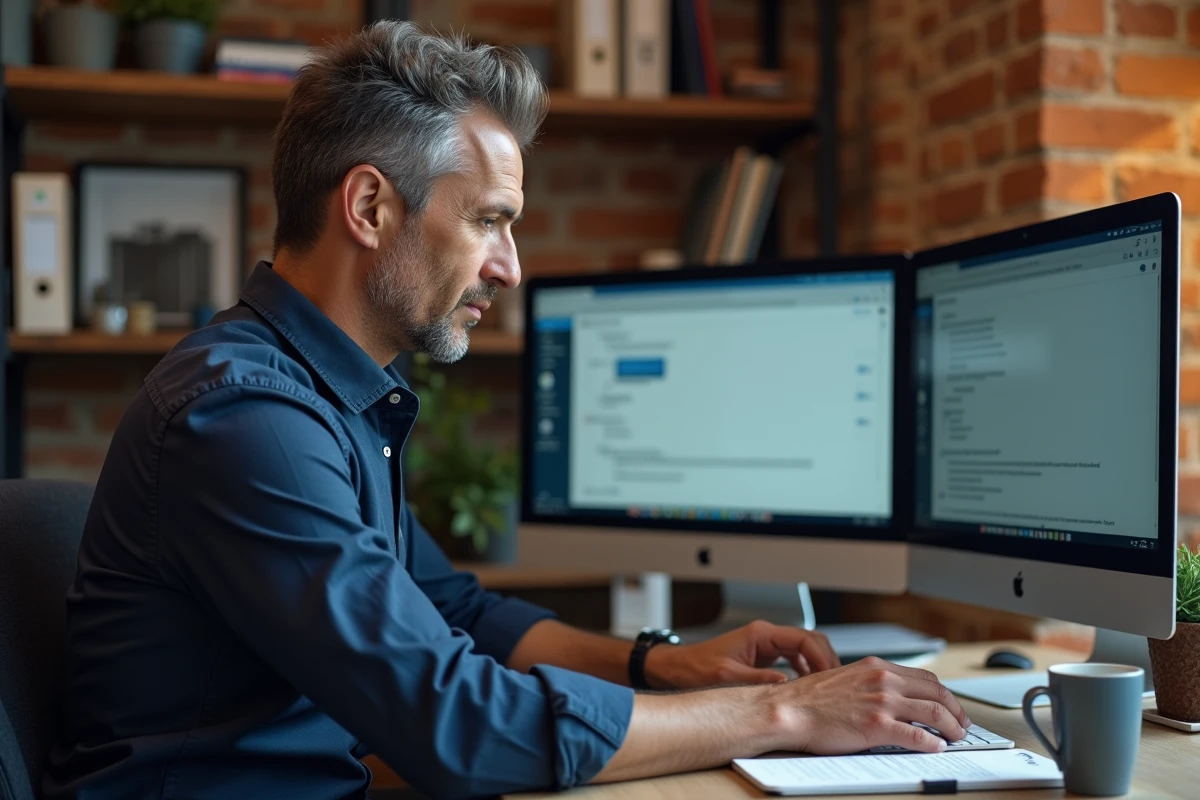 Homme classant ses messages électroniques dans des dossiers sur un bureau à double écran dans un espace de travail à domicile