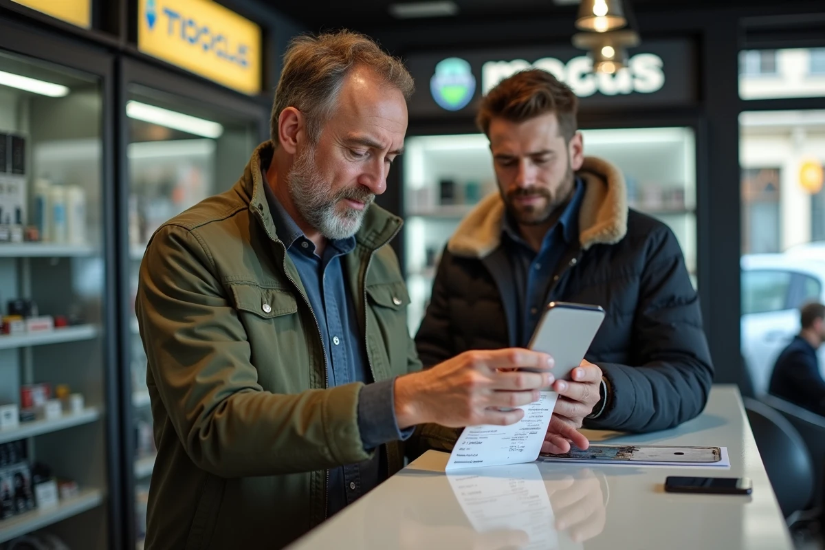 Client déposant son téléphone endommagé au comptoir d'un réparateur téléphone à Montpellier pour obtenir un devis de réparation