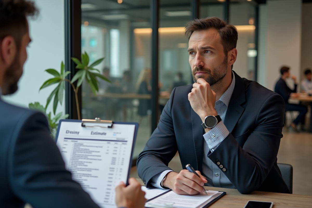 Client homme examinant une estimation web dans un espace de coworking