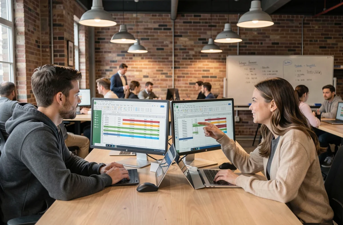 Deux collègues collaborant sur la comparaison de tableaux Excel inversés dans un espace de coworking moderne