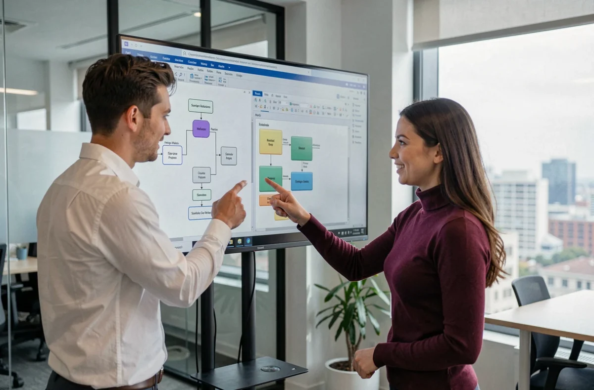 Deux développeurs collaborant devant un écran affichant un diagramme MCD et un schéma relationnel dans un logiciel de modélisation