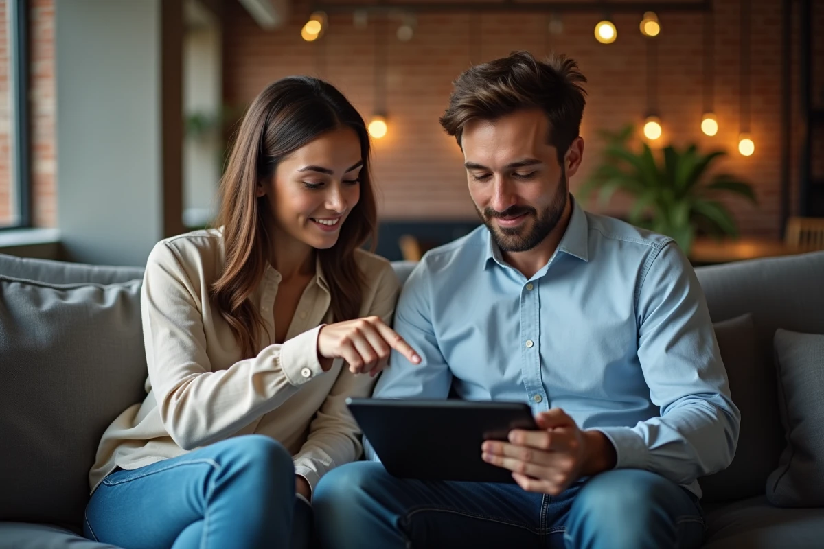 Deux collègues consultant des messages Discord avec mise en forme italique sur une tablette dans un espace de coworking