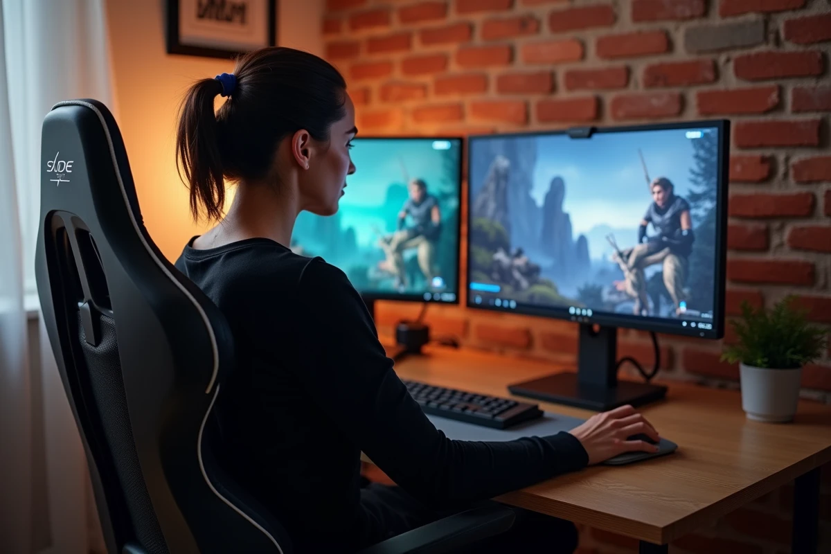 Femme comparant un écran OLED 27 pouces et un écran IPS dans un bureau à domicile pour choisir le meilleur moniteur gaming