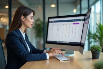 Femme professionnelle comparant les tarifs d'un logiciel emailing sur un écran d'ordinateur dans un bureau moderne