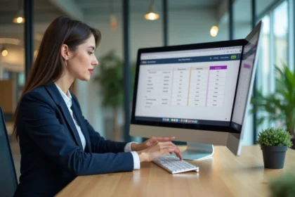 Femme professionnelle comparant les tarifs d'un logiciel emailing sur un écran d'ordinateur dans un bureau moderne