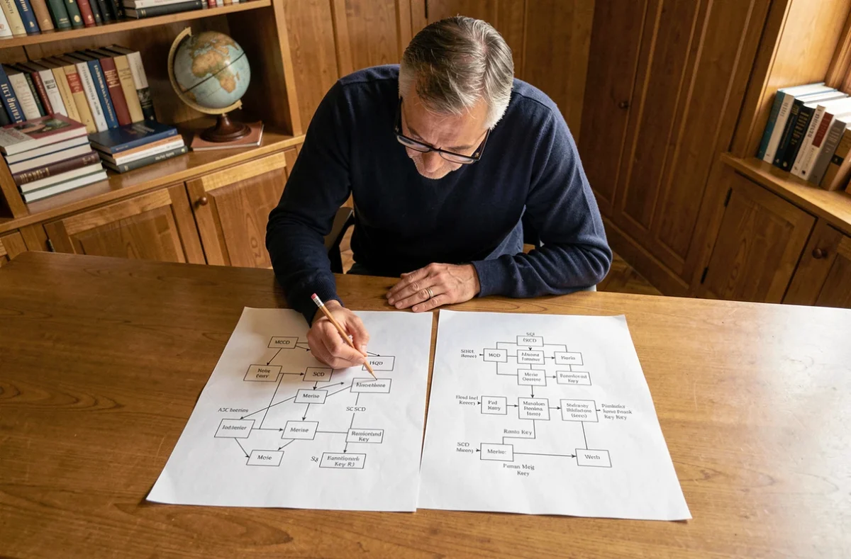 Expert en bases de données comparant un diagramme MCD Merise et un schéma relationnel SQL imprimés côte à côte sur un bureau