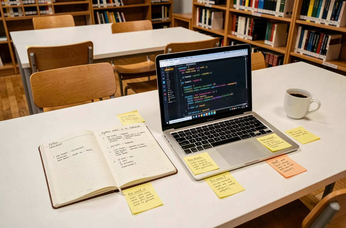 Vue en plongée d'un bureau minimaliste avec un carnet Python et un terminal comparant pip install -u et pip install --upgrade