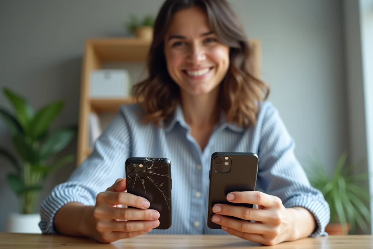 Femme comparant un smartphone cassé et un téléphone neuf dans sa boîte pour choisir entre réparation et achat à Montpellier