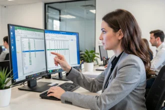 Femme professionnelle comparant deux tableaux Excel inversés sur un écran d'ordinateur dans un bureau moderne