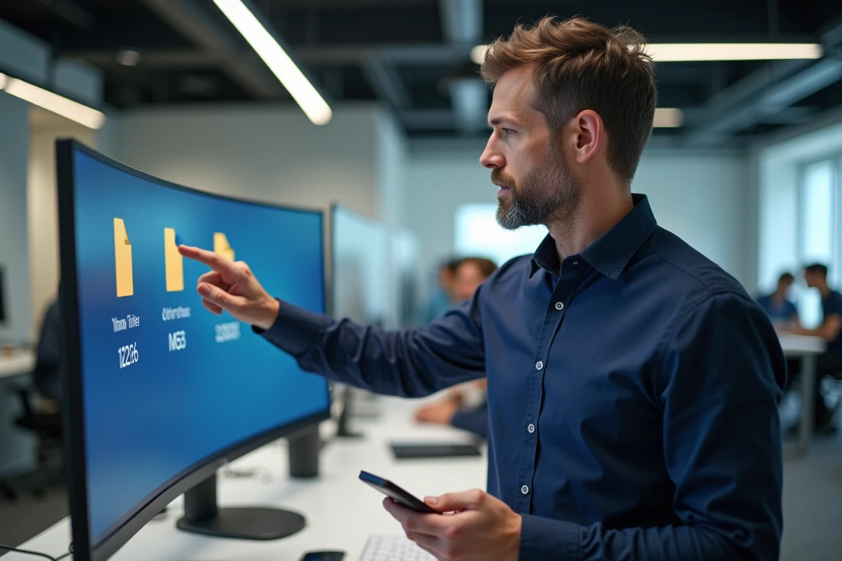 Homme au bureau comparant des tailles de fichiers en Go et en Mo sur un écran d'ordinateur