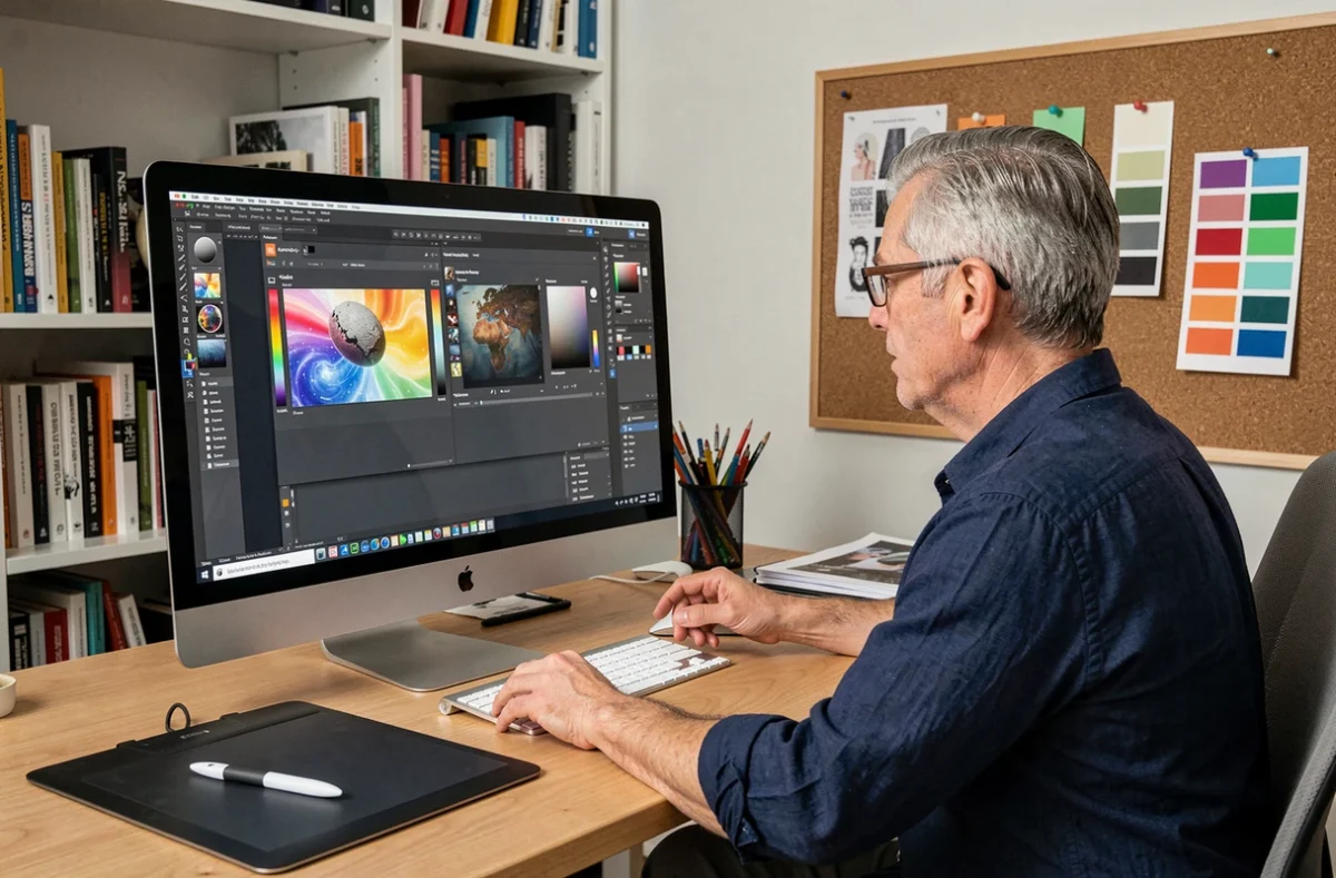 Designer comparant deux logiciels de peinture numérique sur iMac dans un studio professionnel
