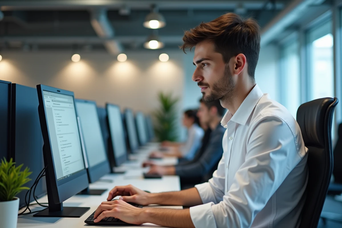 Jeune professionnel récupérant l'accès à un compte webmail depuis un ordinateur de bureau en open space