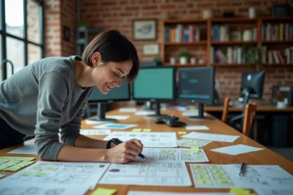 Conceptrice de jeux vidéo organisant des mécaniques de gameplay sur un bureau couvert de documents de game design et de post-its colorés
