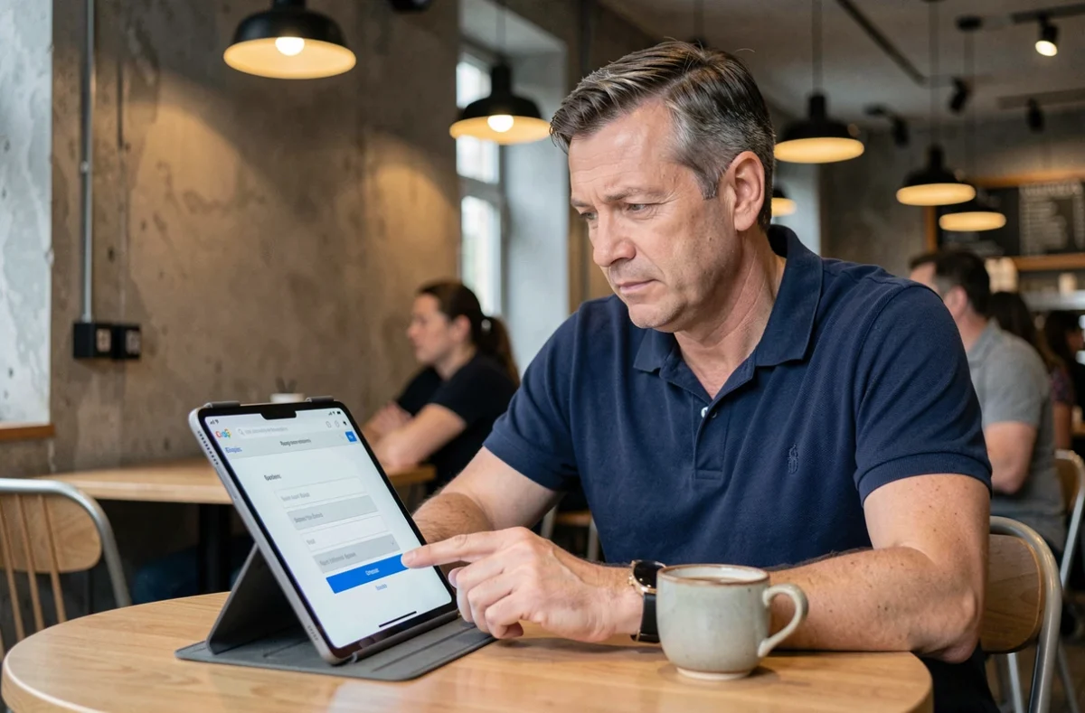 Homme d'âge moyen configurant un compte Yahoo Mail sur une tablette dans un café
