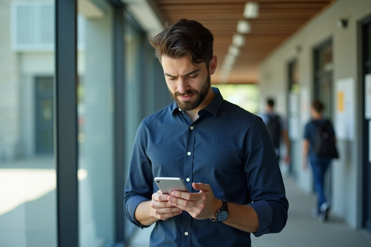 Homme consultant les paramètres de messagerie académique sur iPhone dans un couloir universitaire