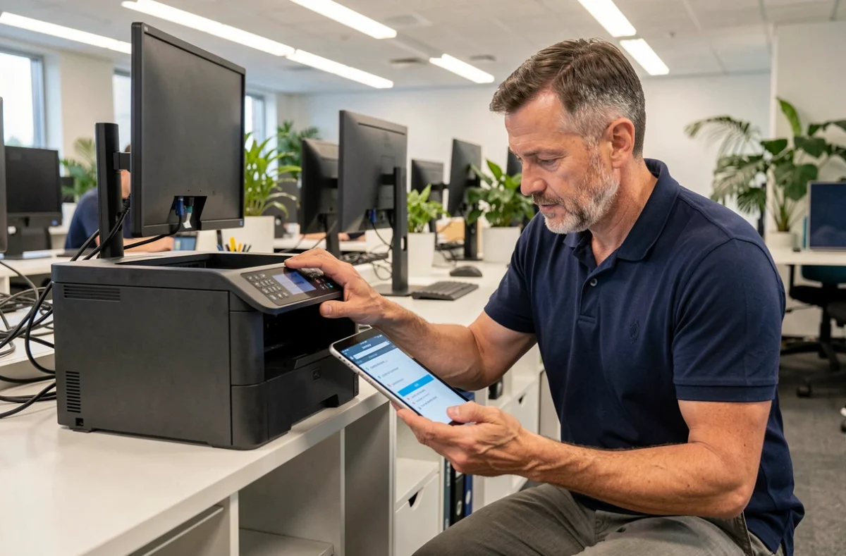 Homme configurant la connexion wifi entre une tablette et une imprimante dans un bureau professionnel