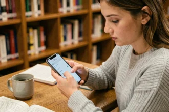Jeune femme configurant sa messagerie AC Grenoble sur smartphone dans une bibliothèque universitaire