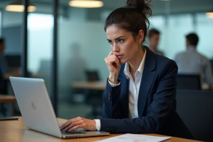 Femme frustrée devant un message d'erreur de connexion ENT sur son ordinateur portable au bureau