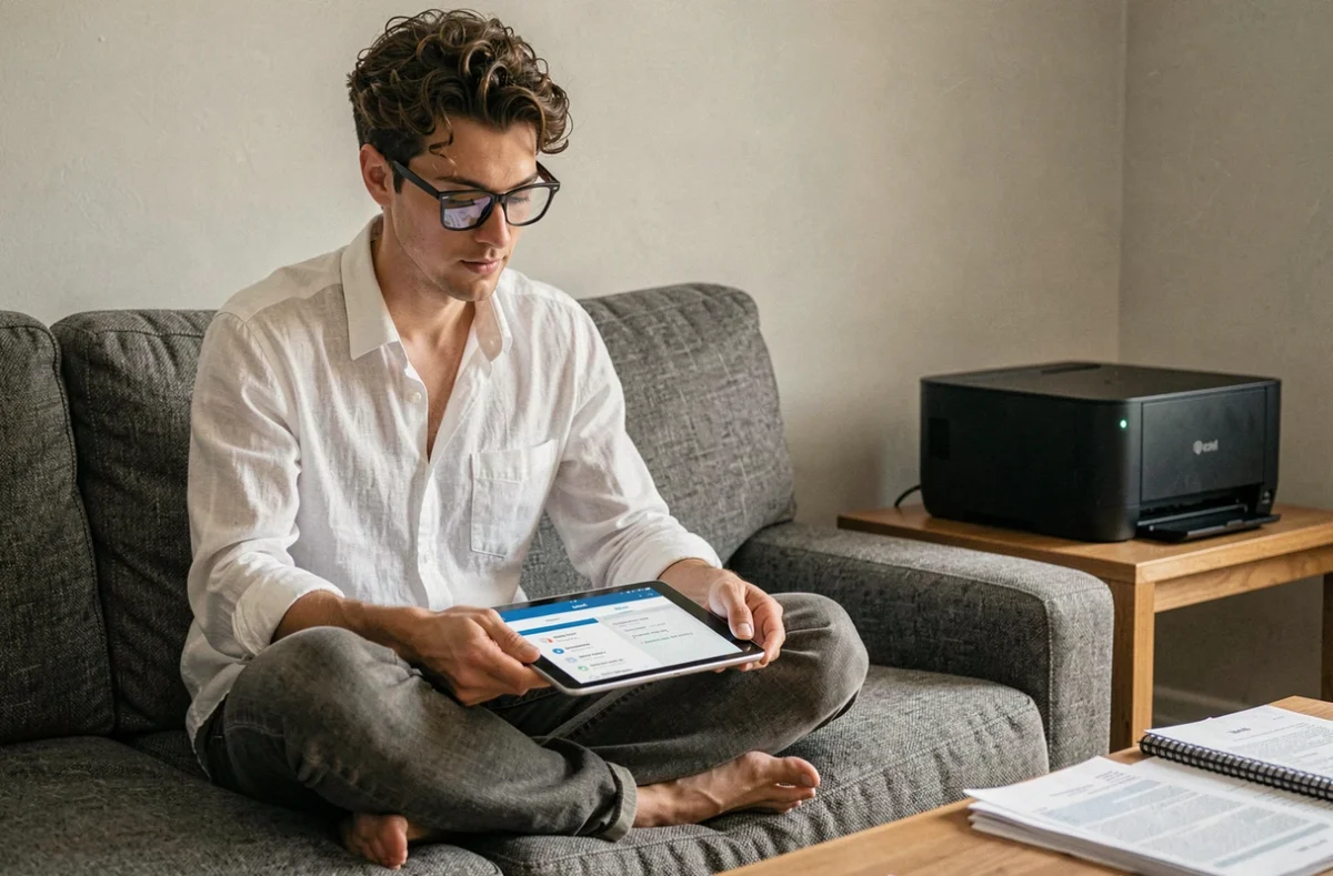Jeune adulte résolvant un problème de connexion wifi entre sa tablette et son imprimante dans un salon