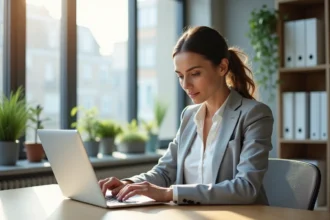 Femme professionnelle consultant ses emails sur un ordinateur portable dans un bureau moderne à Strasbourg