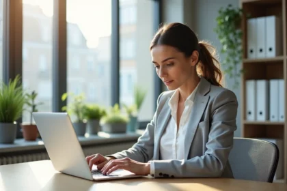 Femme professionnelle consultant ses emails sur un ordinateur portable dans un bureau moderne à Strasbourg