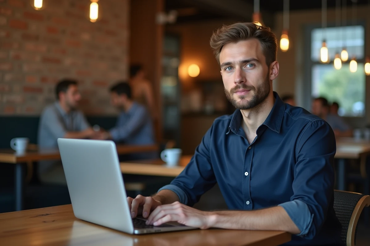 Homme consultant un profil Instagram sans connexion sur un ordinateur portable dans un café