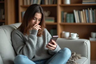 Femme consultant discrètement des stories Instagram sur son smartphone sans être vue, assise sur un canapé dans un salon moderne