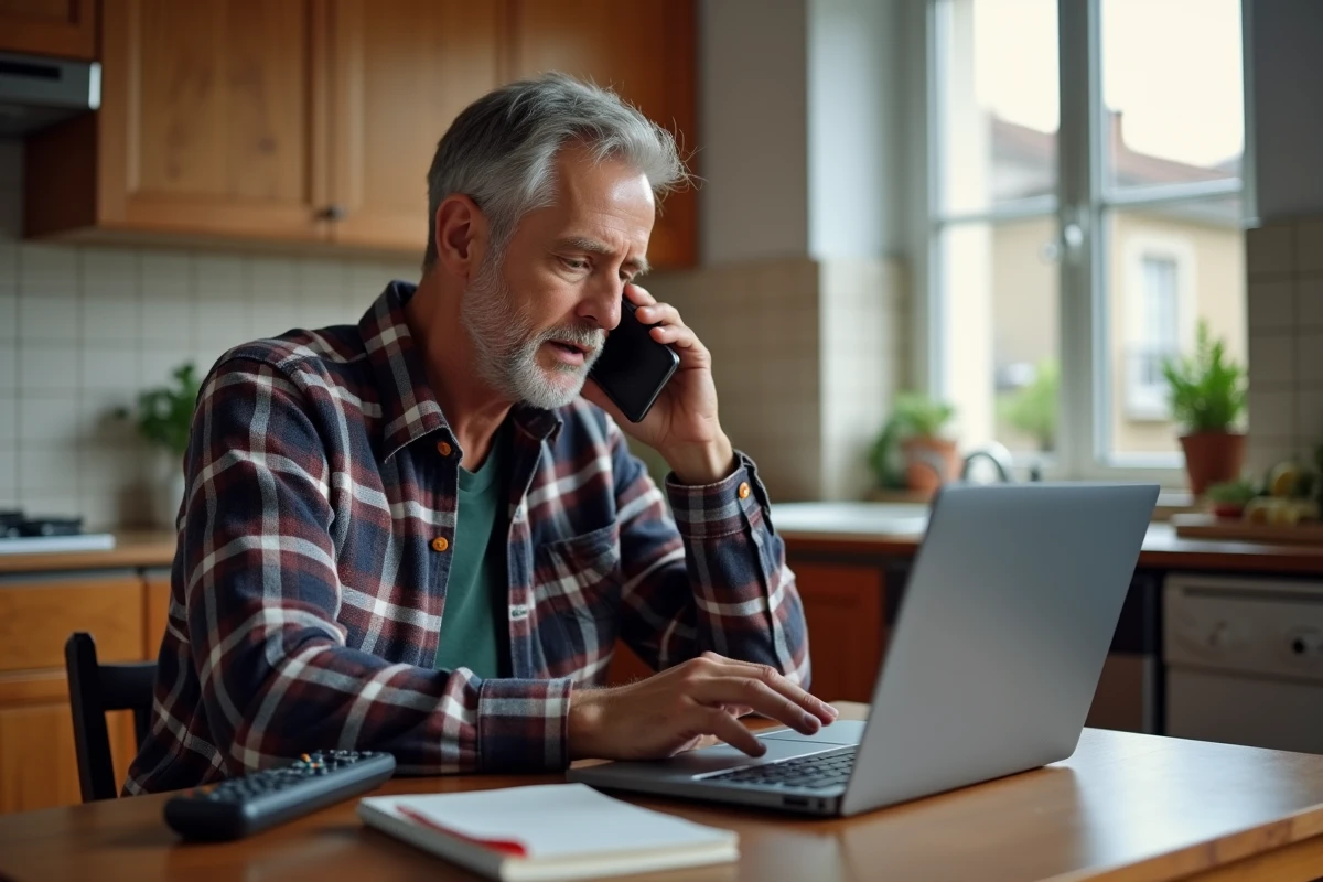 Homme contactant le service client Orange tout en consultant le site d'assistance sur un ordinateur portable