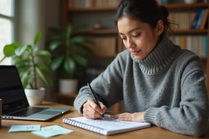 Femme calculant des conversions Go en Mo sur un carnet dans un bureau à domicile