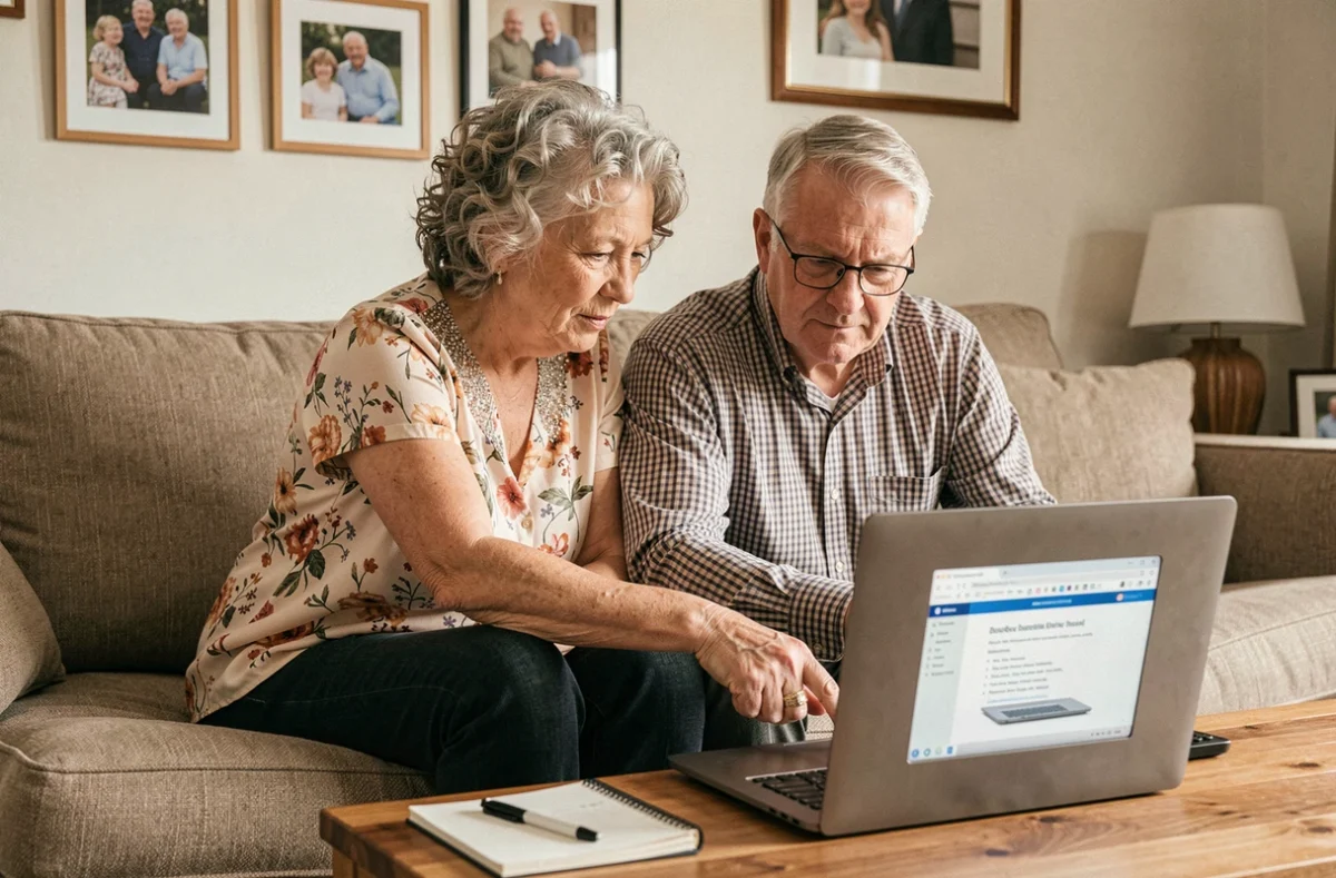 Couple de retraités septuagénaires apprenant ensemble l'informatique sur un ordinateur portable avec un cours PDF pour débutants dans leur salon