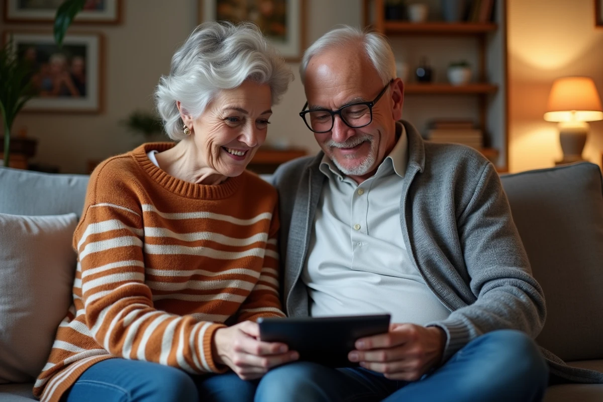 Couple senior naviguant ensemble sur le portail UHA e-Service depuis une tablette dans leur salon