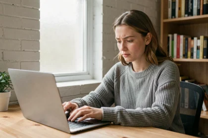 Jeune femme créant une adresse email Yahoo sur son ordinateur portable dans un bureau à domicile