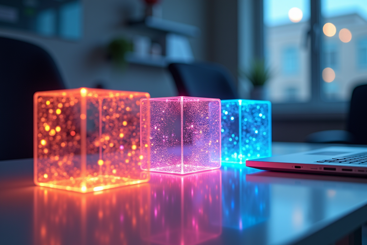 Trois cubes lumineux sur un bureau moderne avec code digital