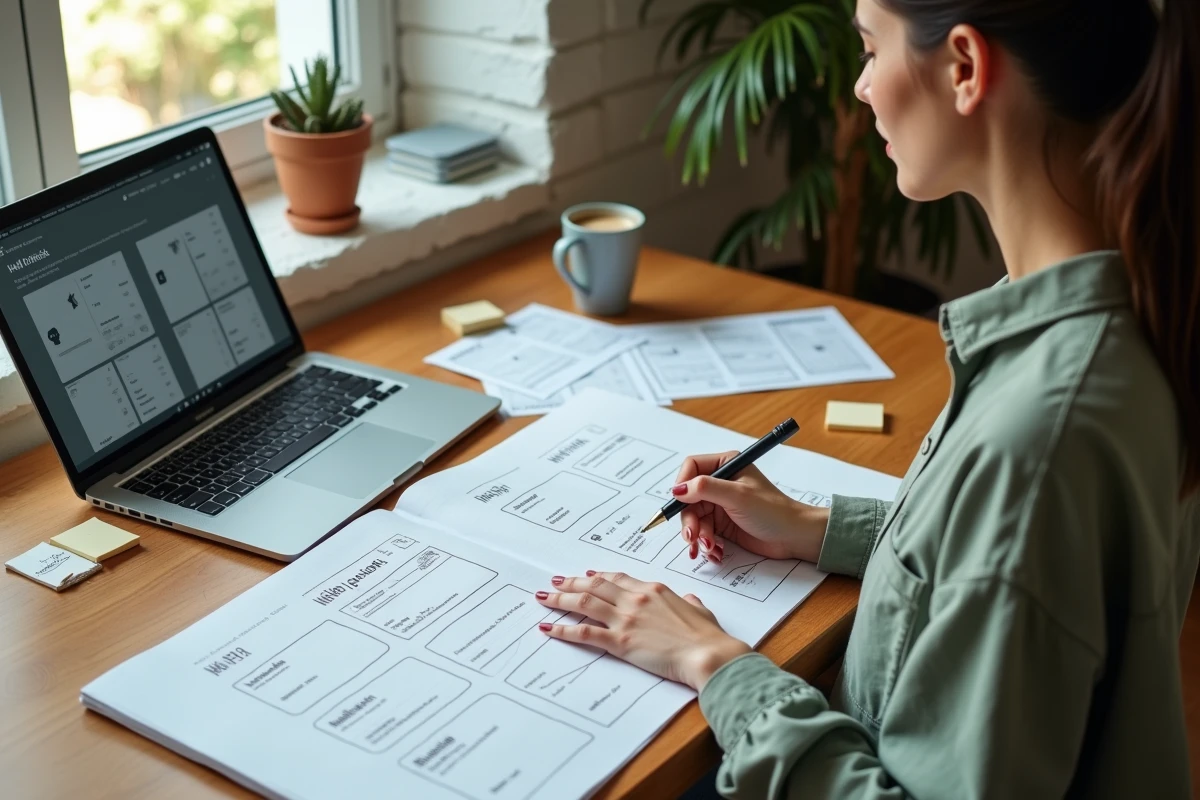 Designer UX esquissant des maquettes de mise en page CSS flexbox et positionnement absolu dans un studio home office