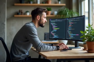Développeur web analysant des mises en page CSS flexbox et positionnement absolu sur un écran ultrawide dans un bureau moderne