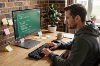 Développeur Python tapant la commande pip install --upgrade dans un terminal sur un MacBook Pro dans un bureau moderne