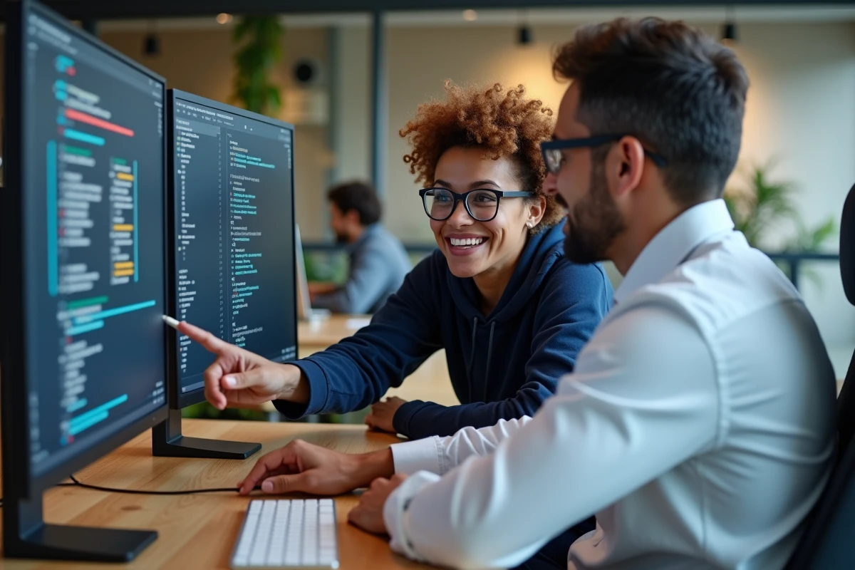 Deux développeurs front-end comparant flexbox et positionnement absolu CSS sur un écran en espace de coworking