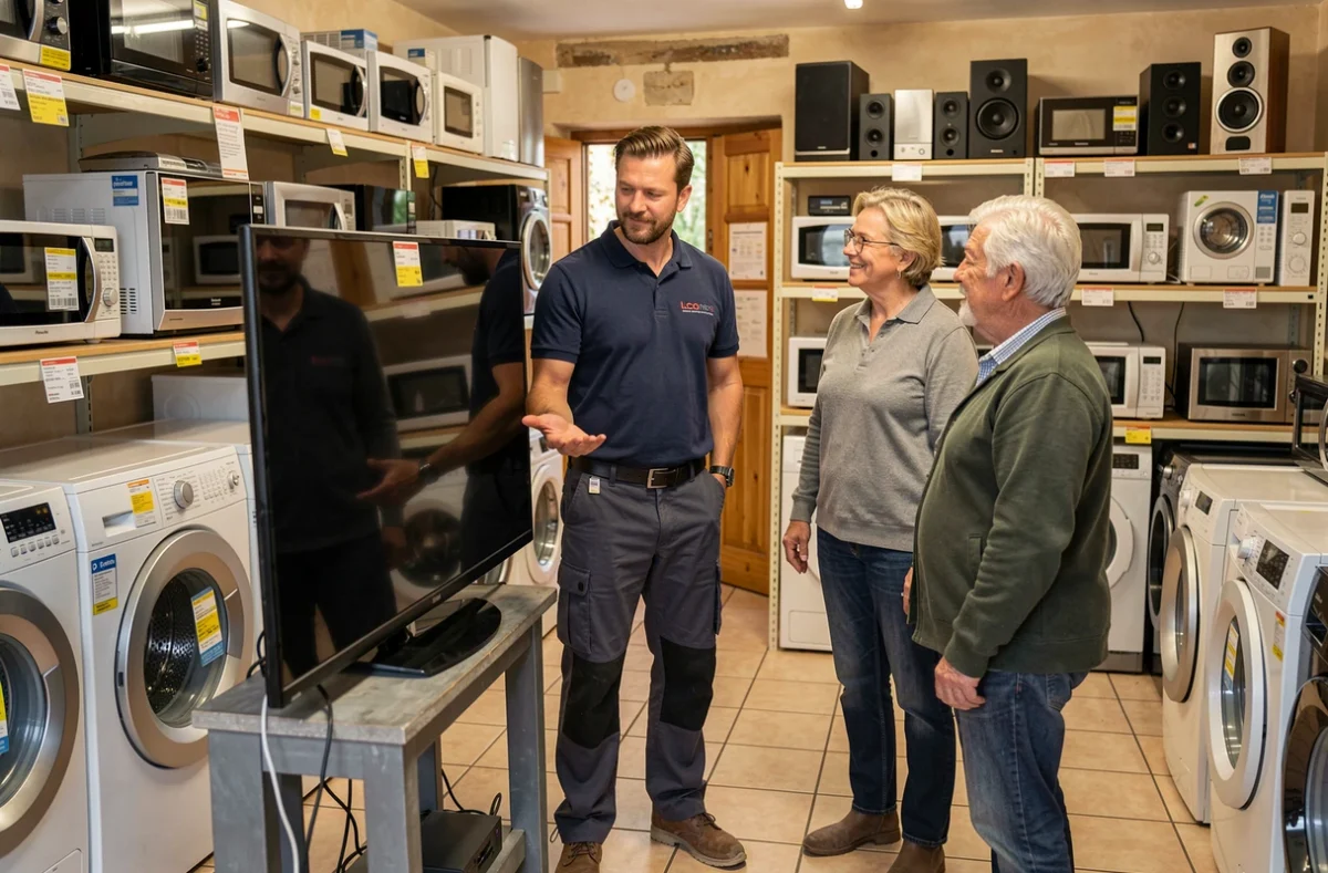 Technicien D'Hitelem présentant un téléviseur reconditionné à des clients dans un magasin de la Loire