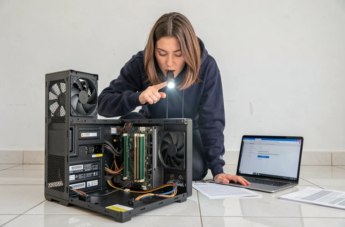 Femme inspectant les composants internes d'un PC pour résoudre un problème de pilote après installation Windows 7